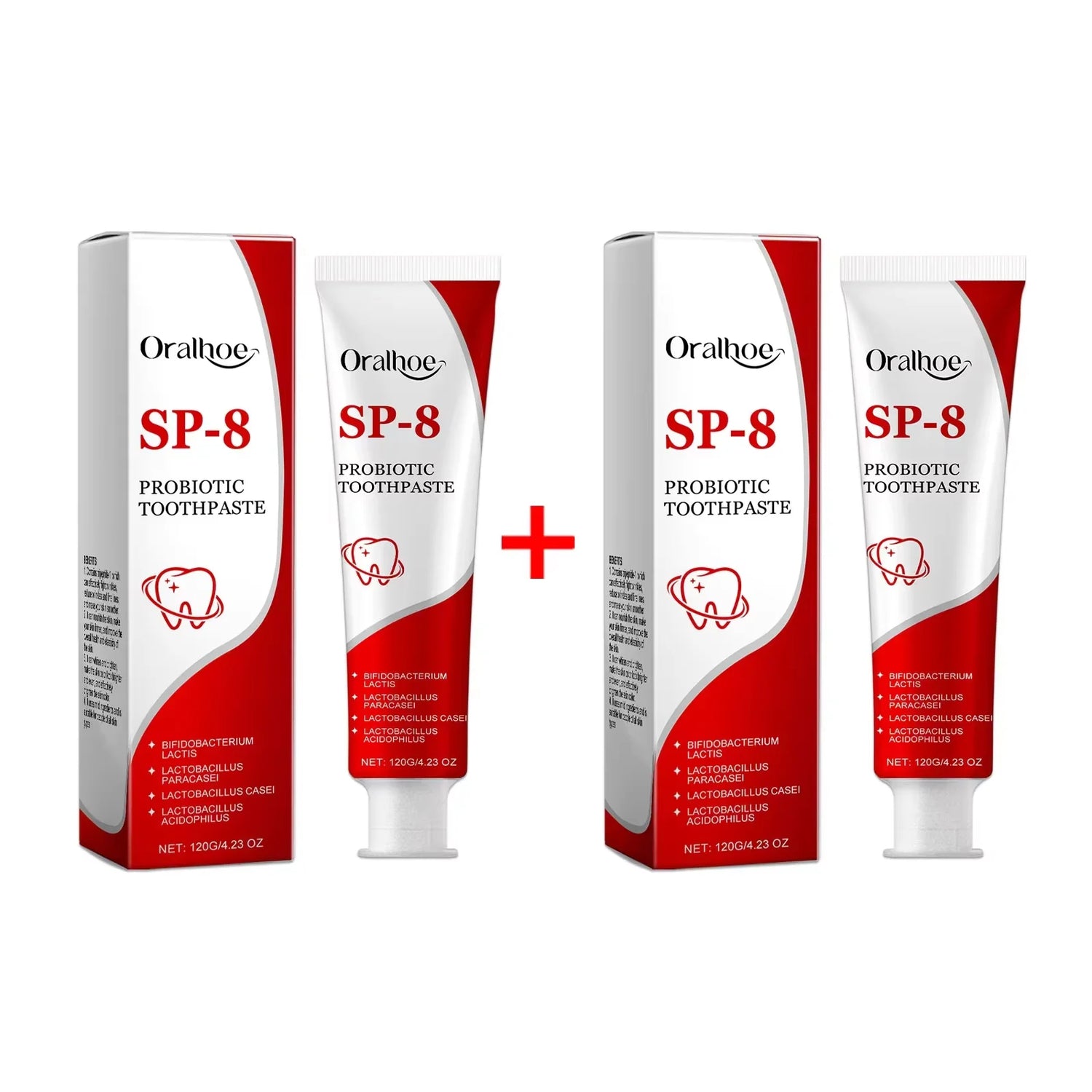 Four tubes of Oralhoo SP-8 Probiotic Toothpaste on a white background