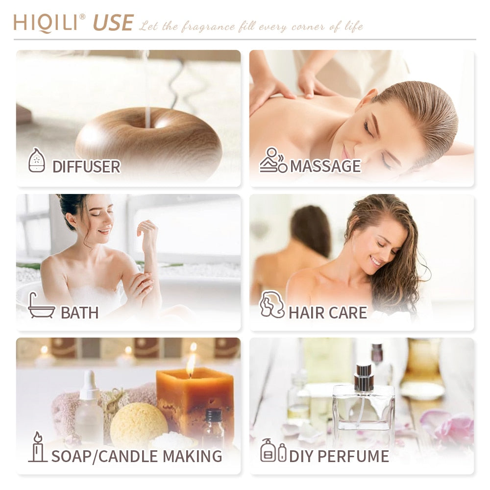 Promotional image for HIQILI products with text and images of diffuser, massage, bath, hair care, soap/candle making, and DIY perfume.