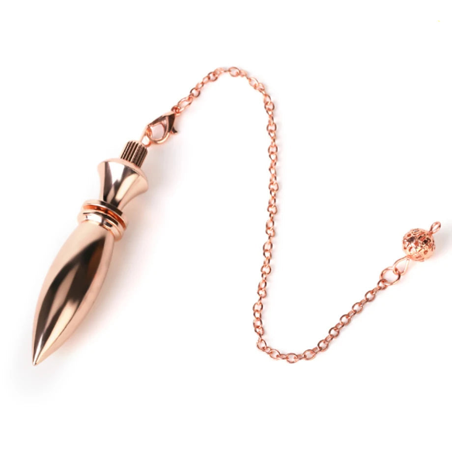 Rose gold spike-shaped pendant with chain on a white background