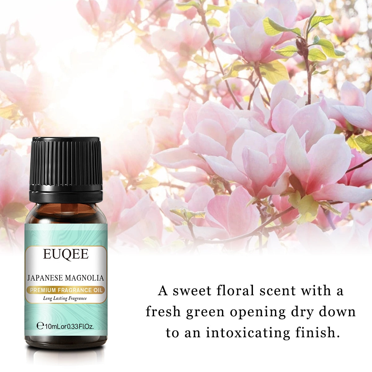 EUQEE Japanese Magnolia essential oil bottle with floral background