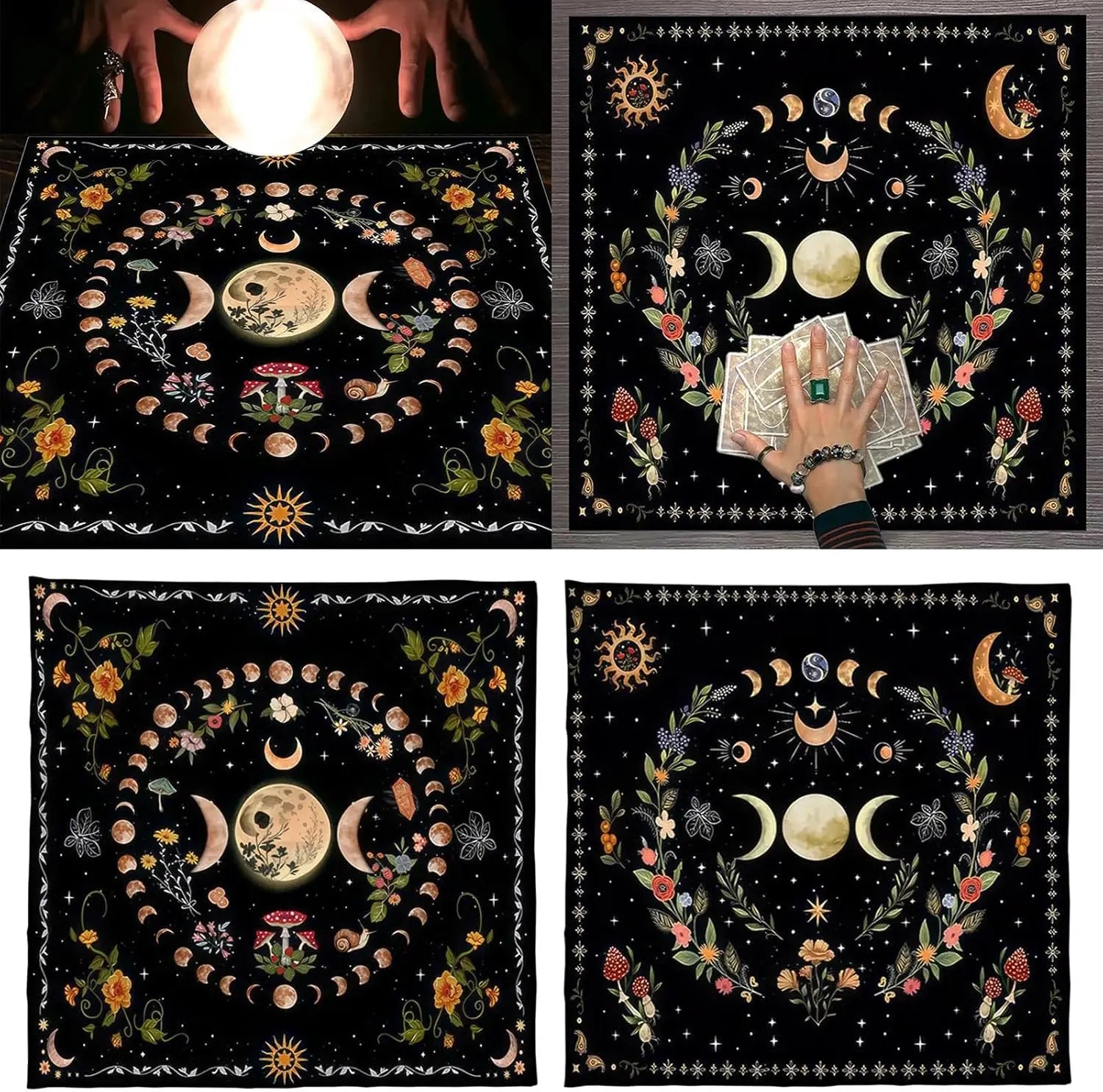Set of four tarot cards with celestial designs and a hand holding cards.