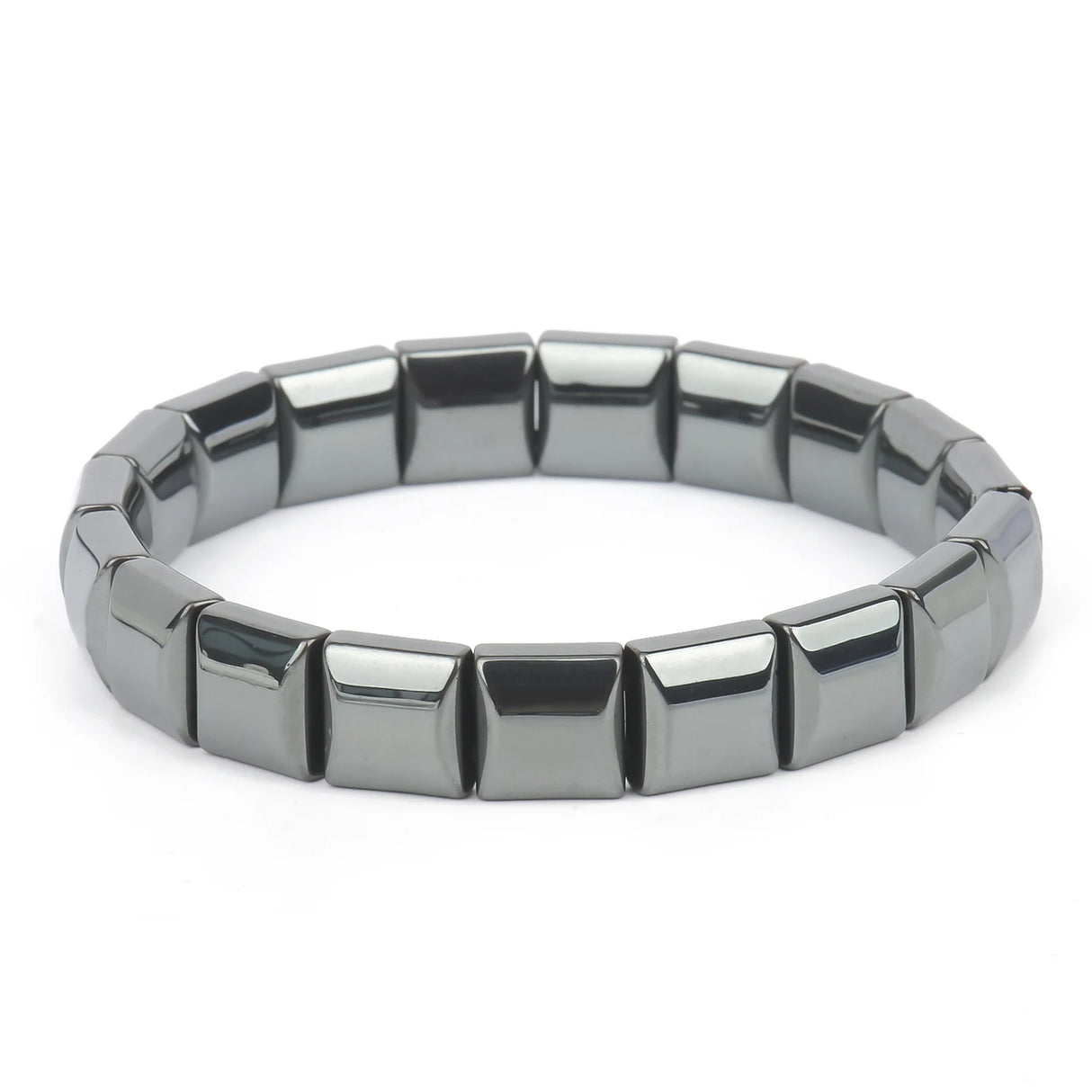 Silver bracelet with square links on a white background