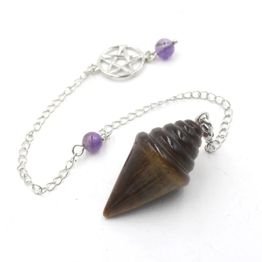 Tiger eye pendulum with purple beads on a white background