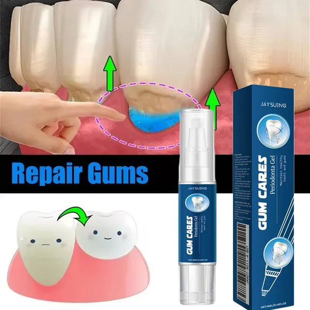 Gum repair product with packaging and dental model illustration.