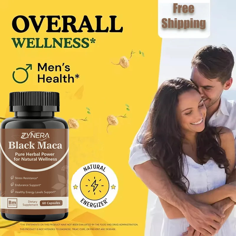 Zynera Black Maca supplement bottle with a couple embracing on a yellow background, promoting men's health and wellness.