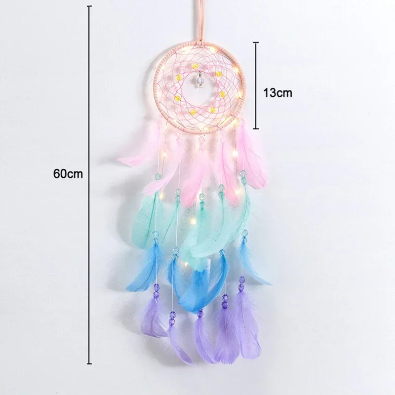 Colorful dreamcatcher with feathers and LED lights, shown with measurements on a white background.
