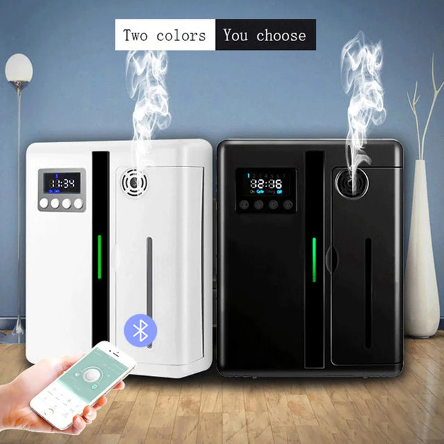 Two air purifiers, one white and one black, with digital displays and a hand holding a smartphone.
