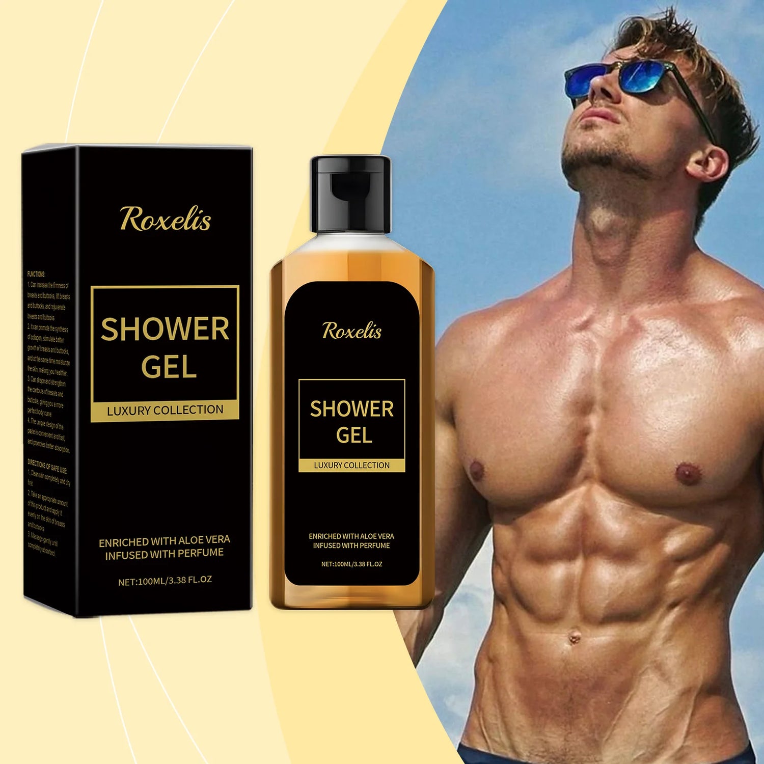 Roxelis shower gel packaging with a man against a blue sky.