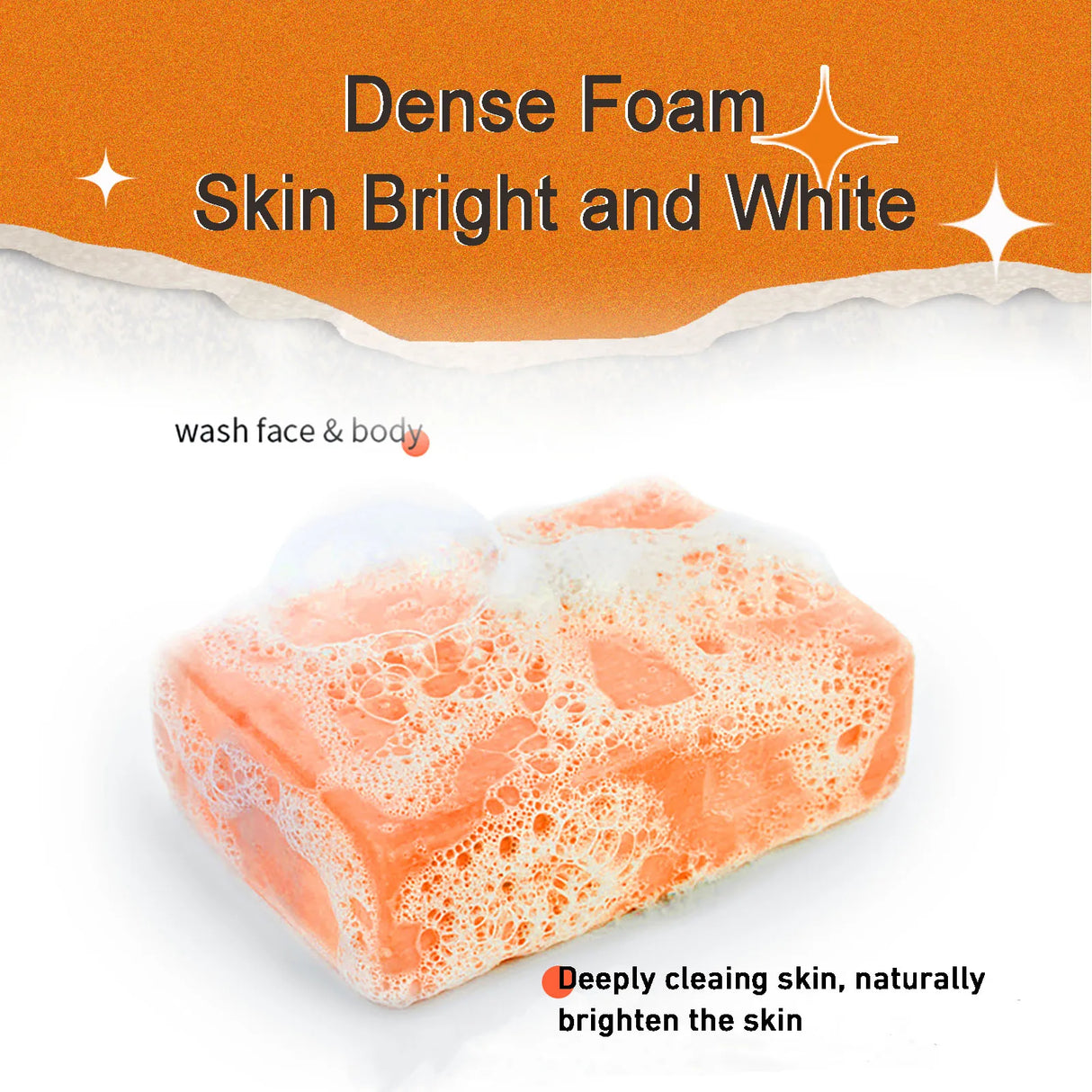 Bar of soap with dense foam on an orange background, labeled for face and body wash.