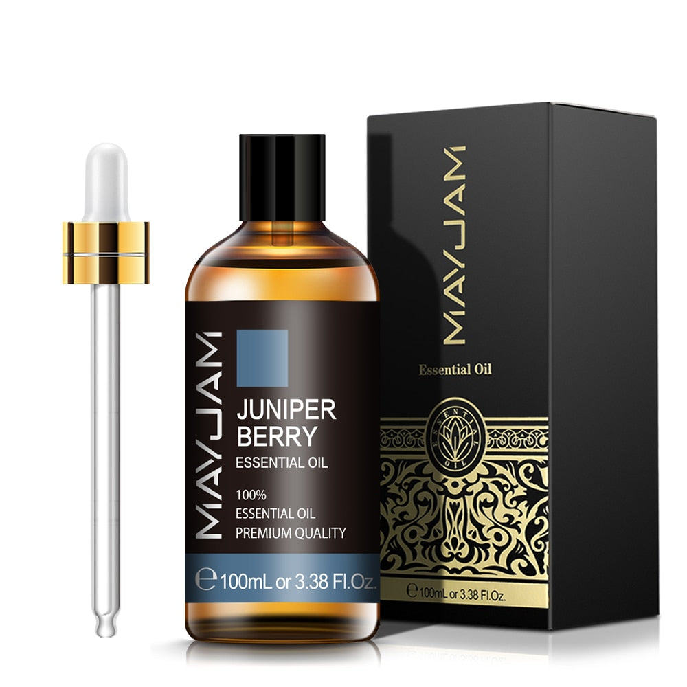 Mayuam Juniper Berry essential oil bottle with dropper and packaging on a white background