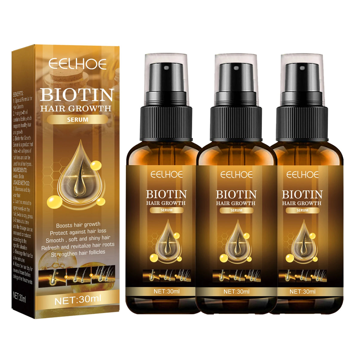 Eelhoe Biotin Hair Growth Serum packaging and bottles on a white background
