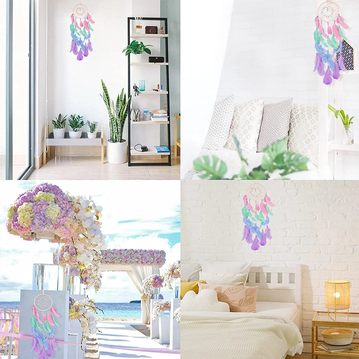 Collage of pastel-themed decor items including a dreamcatcher, plants, and floral arrangements.
