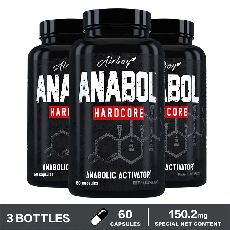 Three bottles of Airboy Anabol Hardcore and Anabolic Activator dietary supplements on a white background.