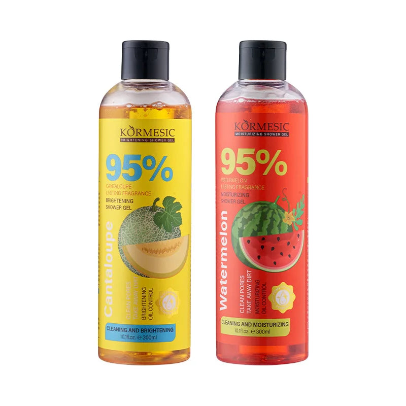 Two bottles of Kormesic shower gel, one with a yellow label and the other with a red label, on a white background.