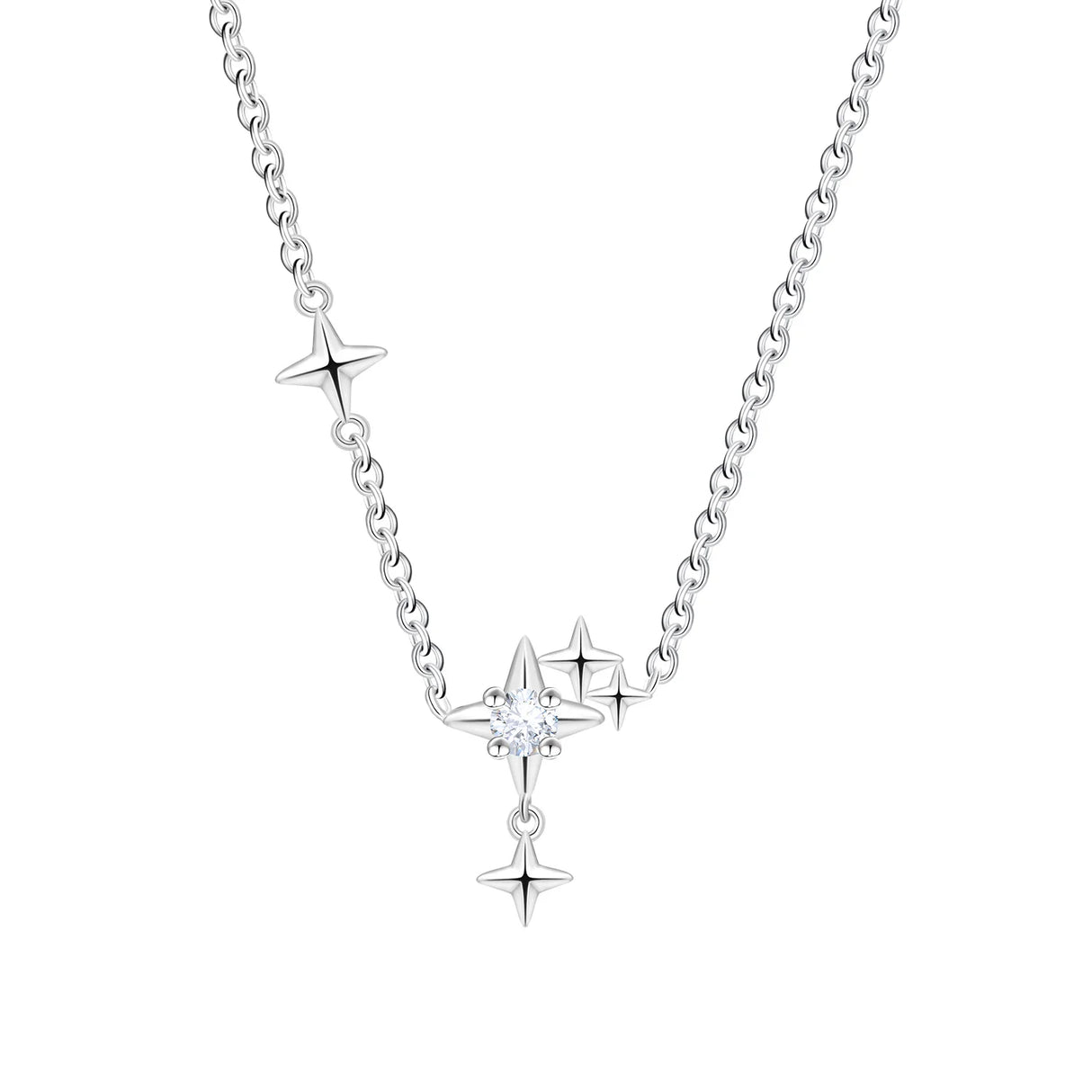 Silver necklace with star-shaped pendants on a white background
