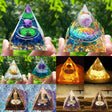 Collage of pyramid-shaped crystal objects with various colors and designs.