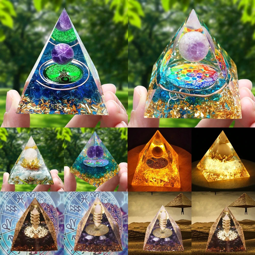 Collage of pyramid-shaped crystal objects with various colors and designs.
