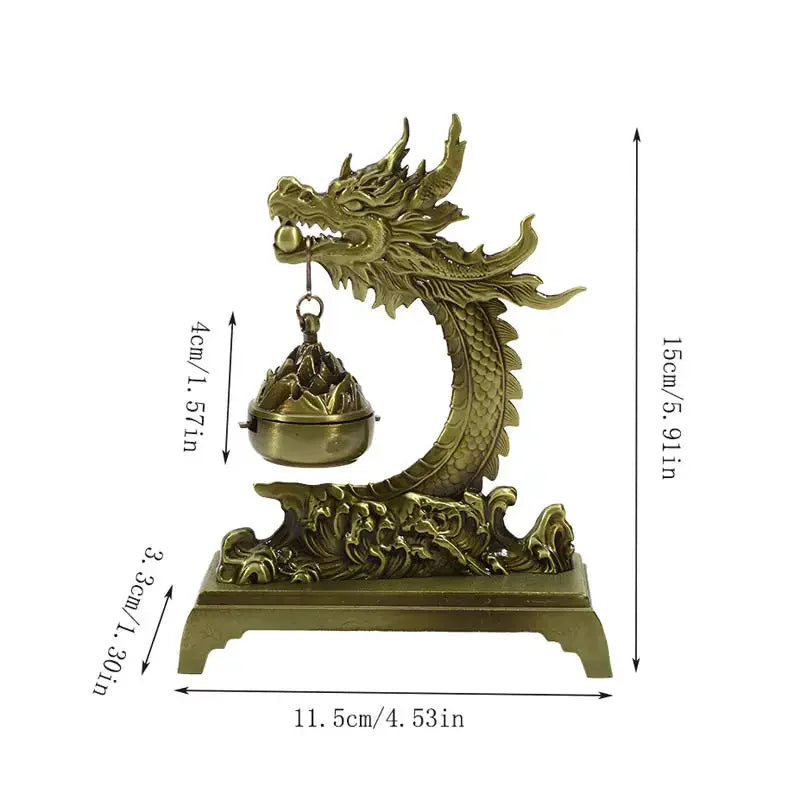 Bronze dragon-shaped incense burner with dimensions on a white background