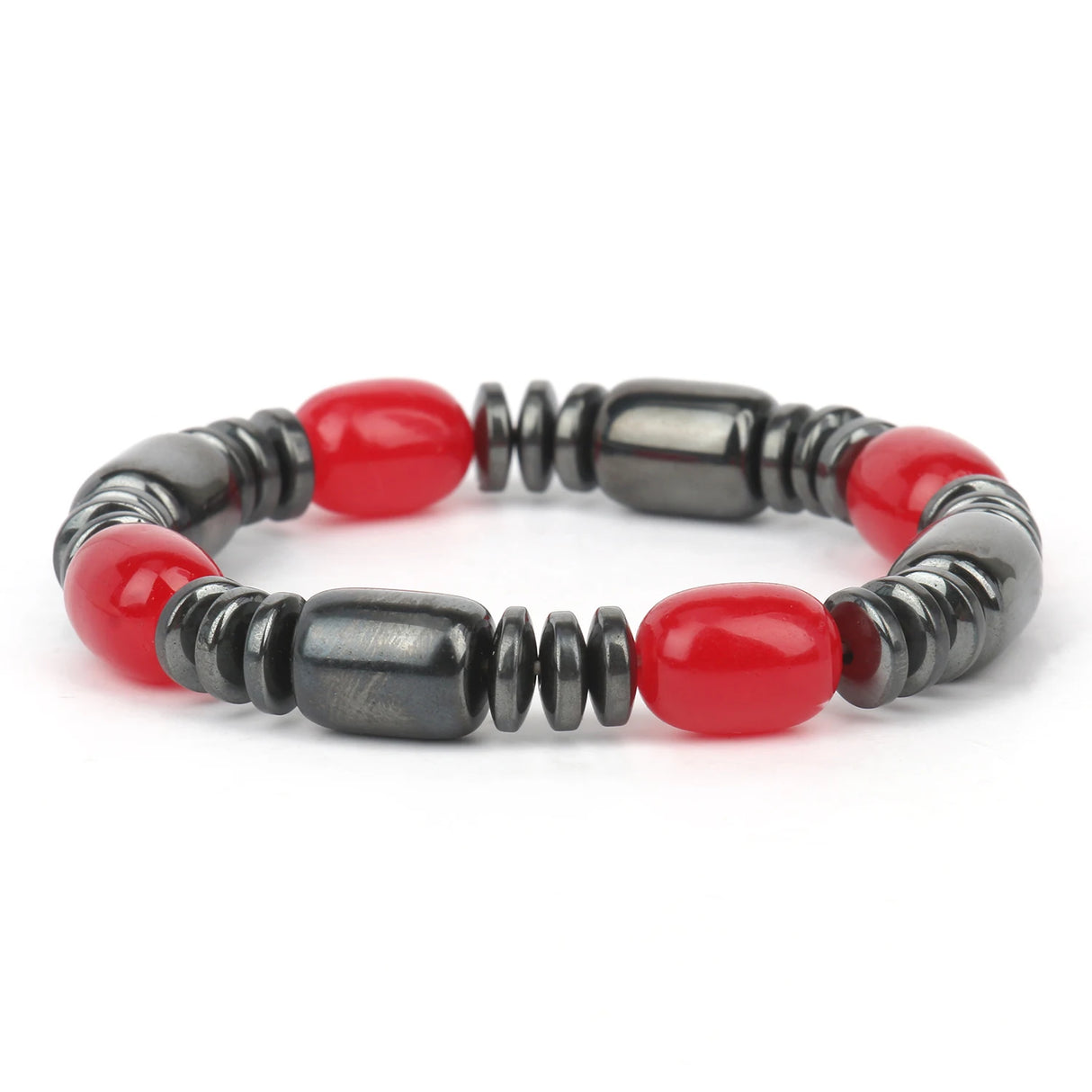 Bracelet with red and black beads on a white background