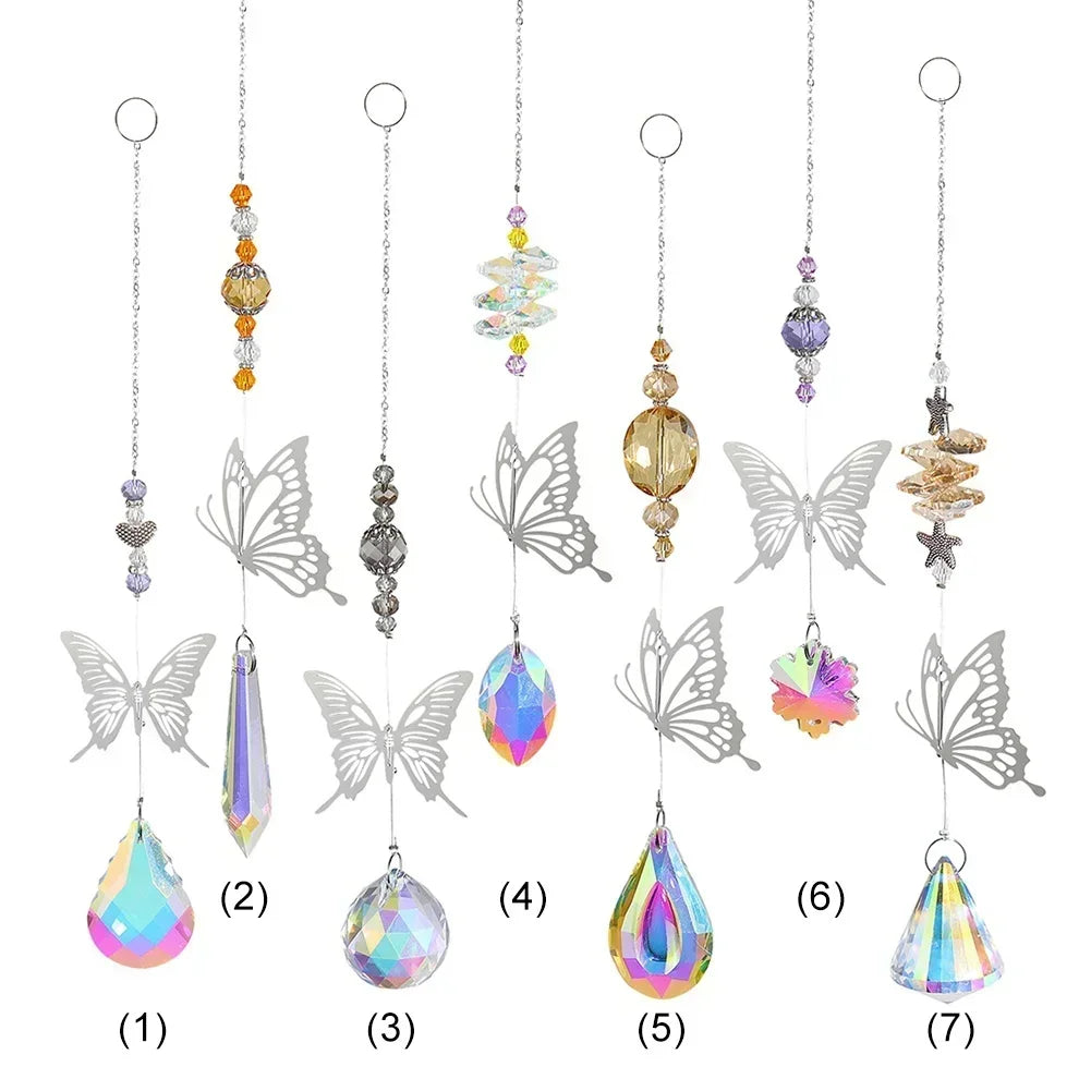 Set of colorful hanging decorations with butterflies and crystal-like shapes on a white background.