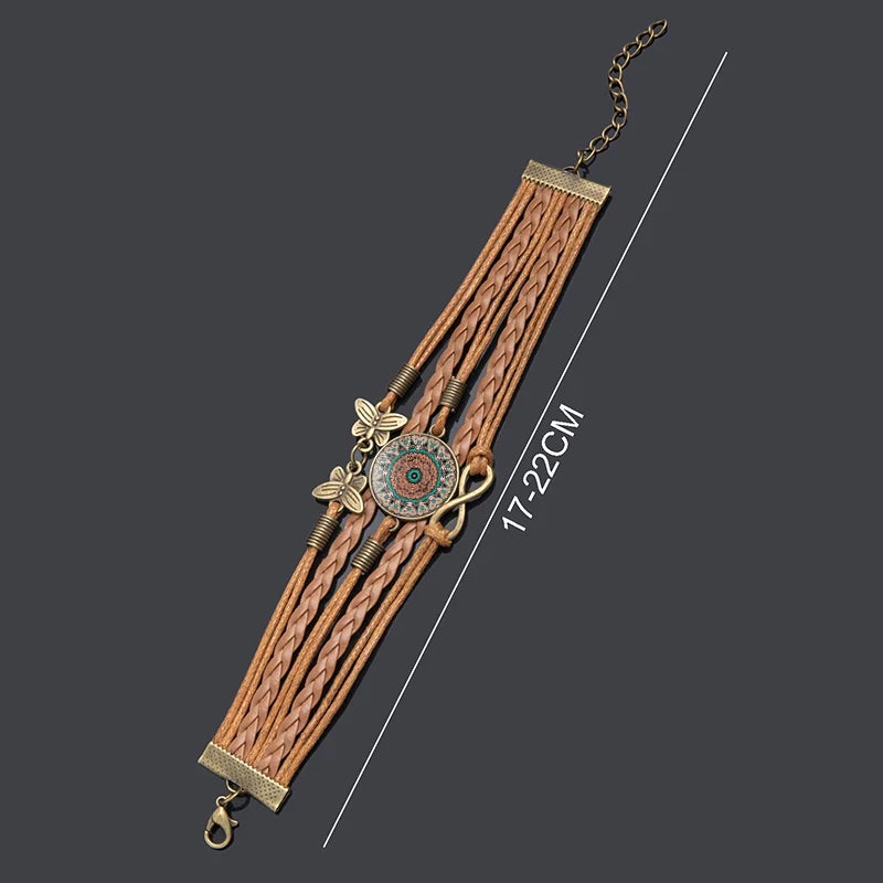 Brown braided bracelet with decorative elements and measurement details on a dark background