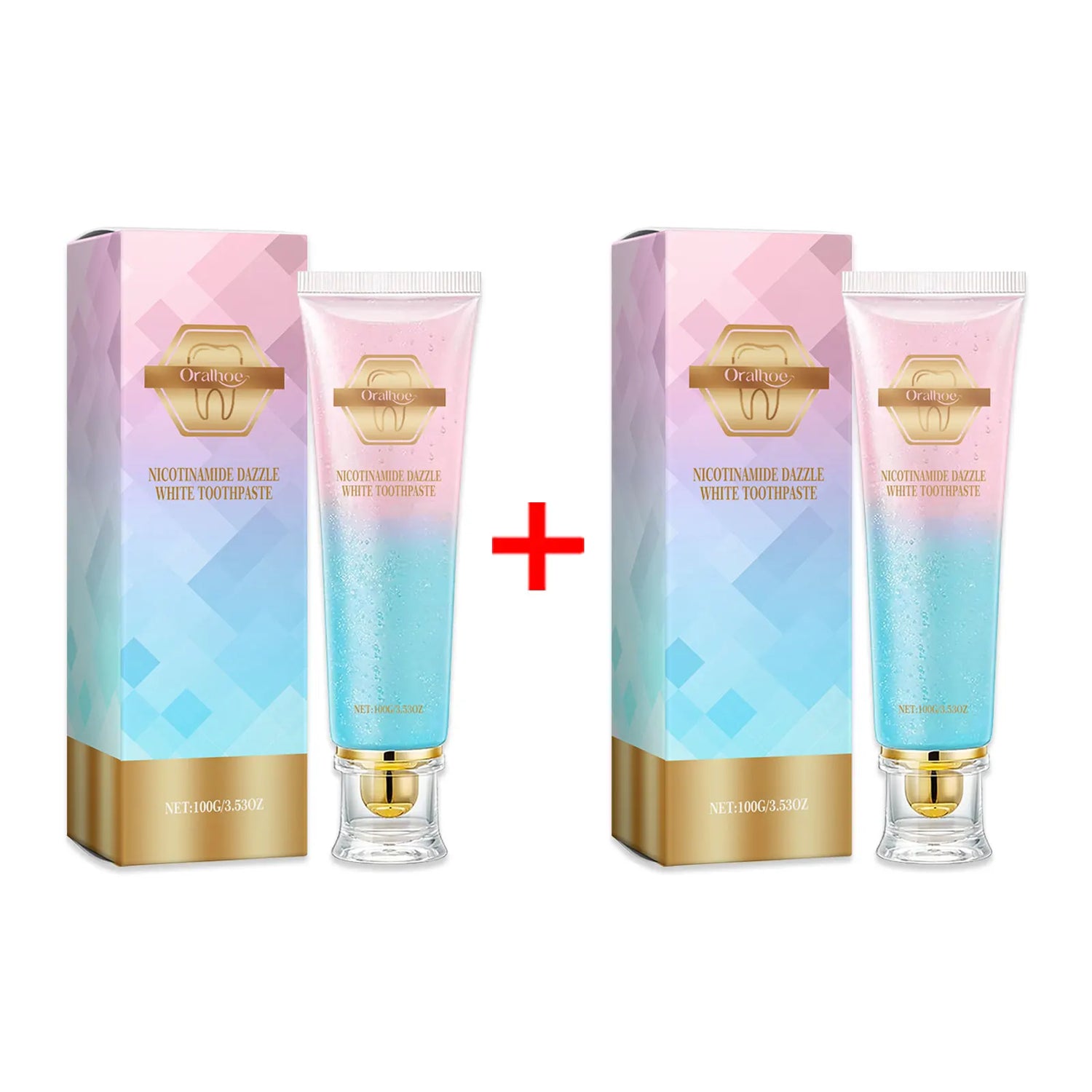 Two toothpaste tubes and their packaging on a white background
