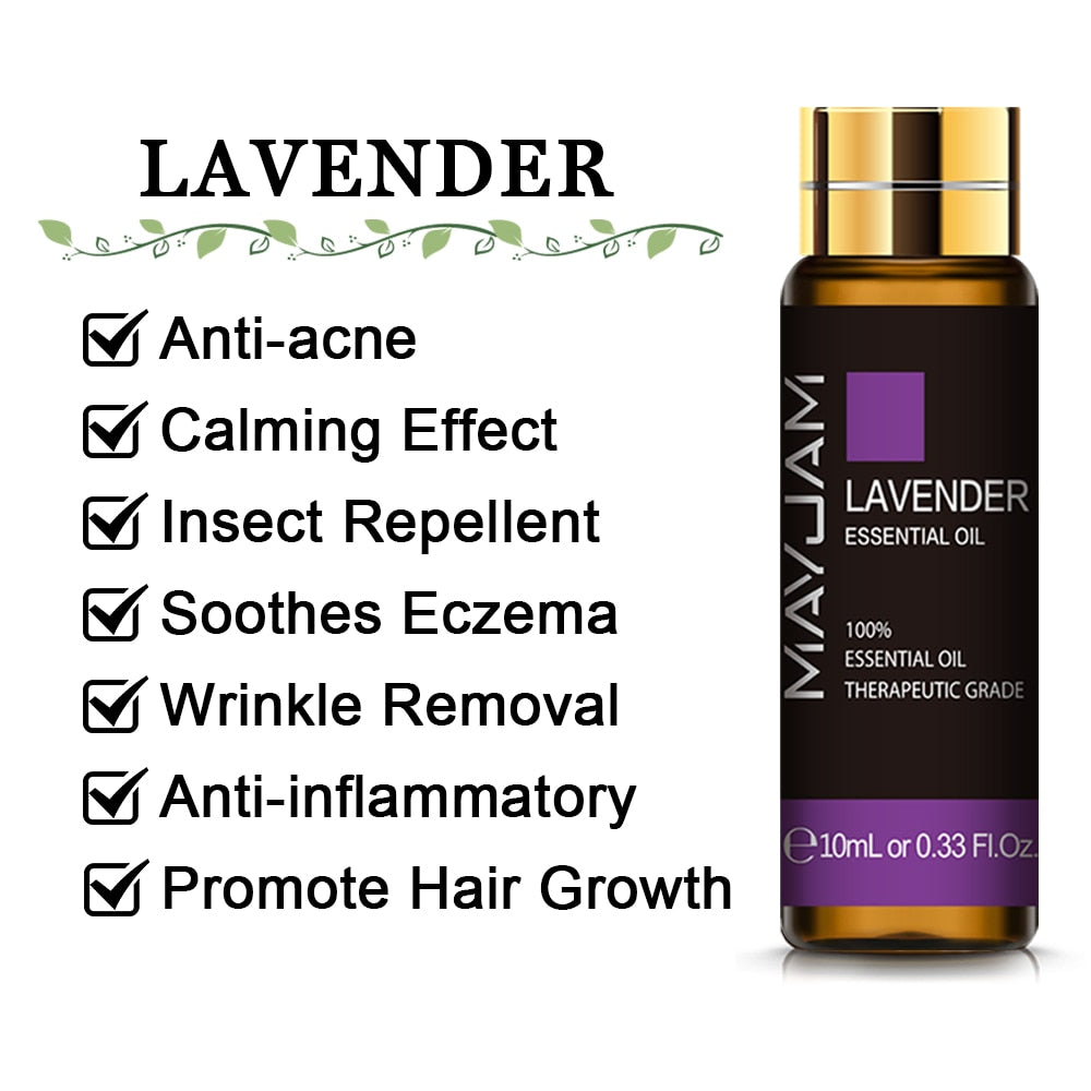 Mayuam lavender essential oil bottle with listed benefits on a white background