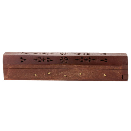 Wooden incense box with decorative patterns on a white background