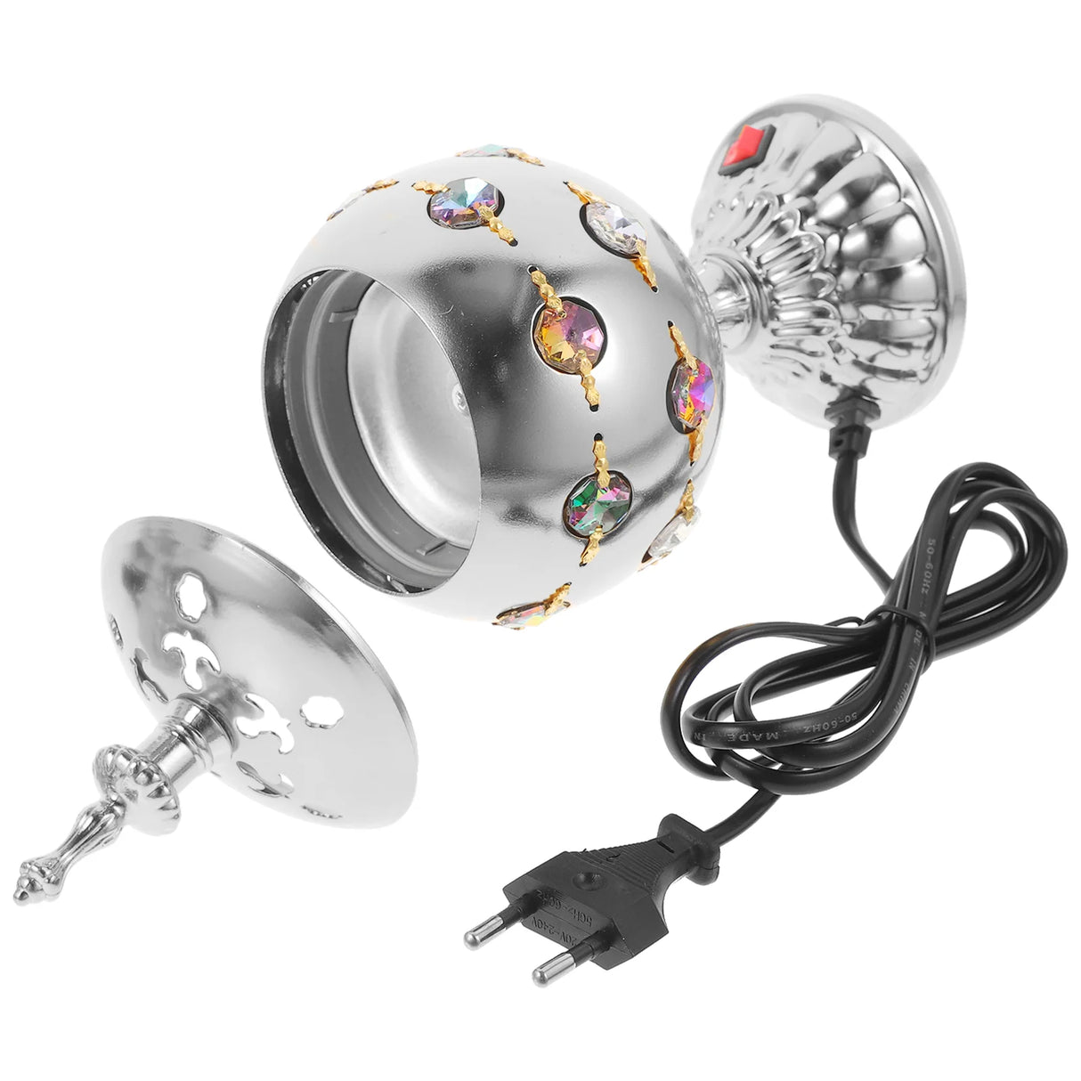 Decorative lamp with gemstones and a power cord on a white background
