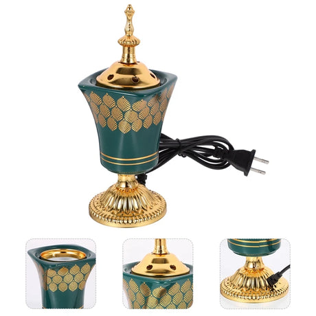 Decorative lamp with gold and green design on a white background