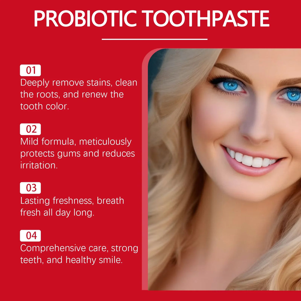 Advertisement for probiotic toothpaste with a woman's face and product benefits on a red background