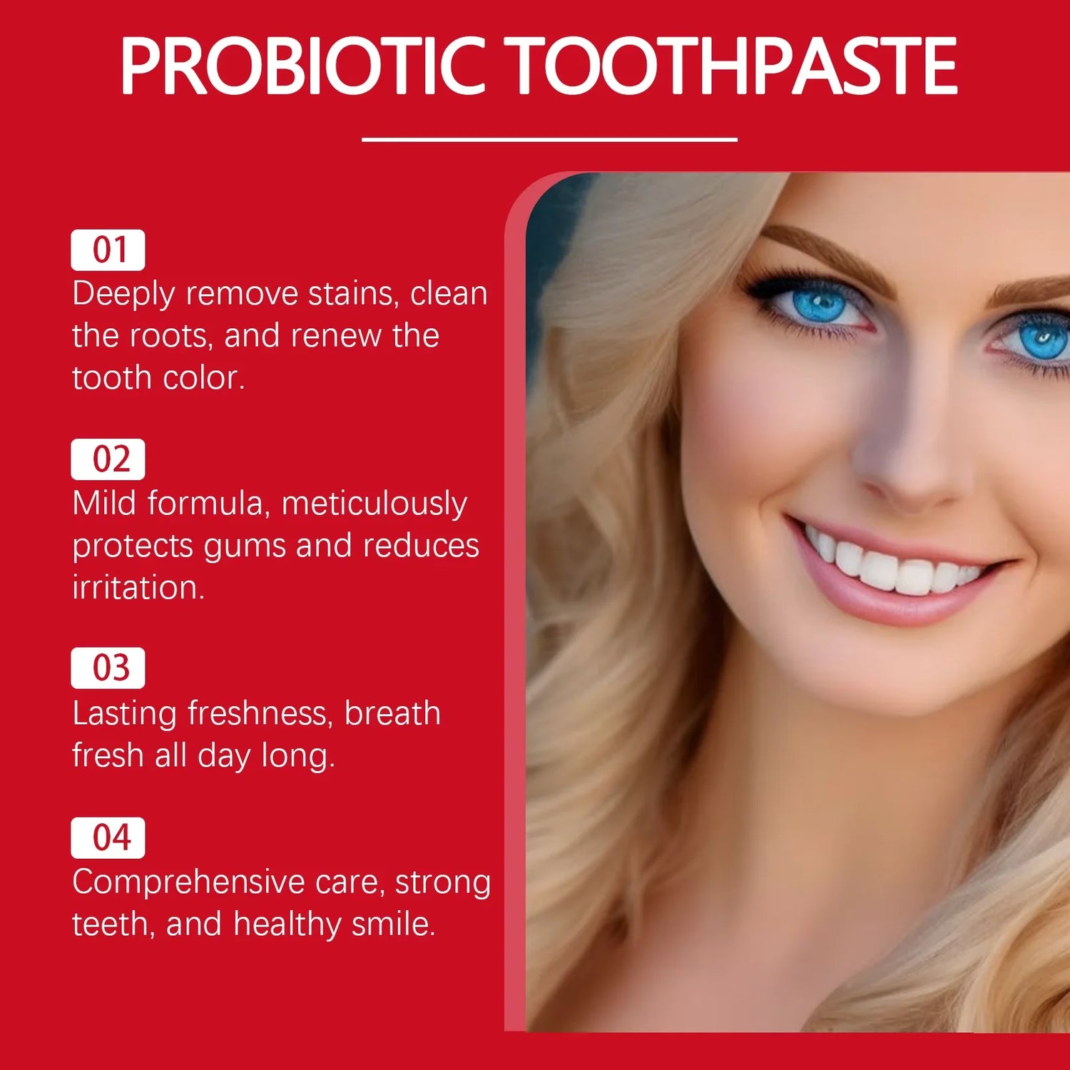 Advertisement for probiotic toothpaste with a woman's face and product benefits on a red background
