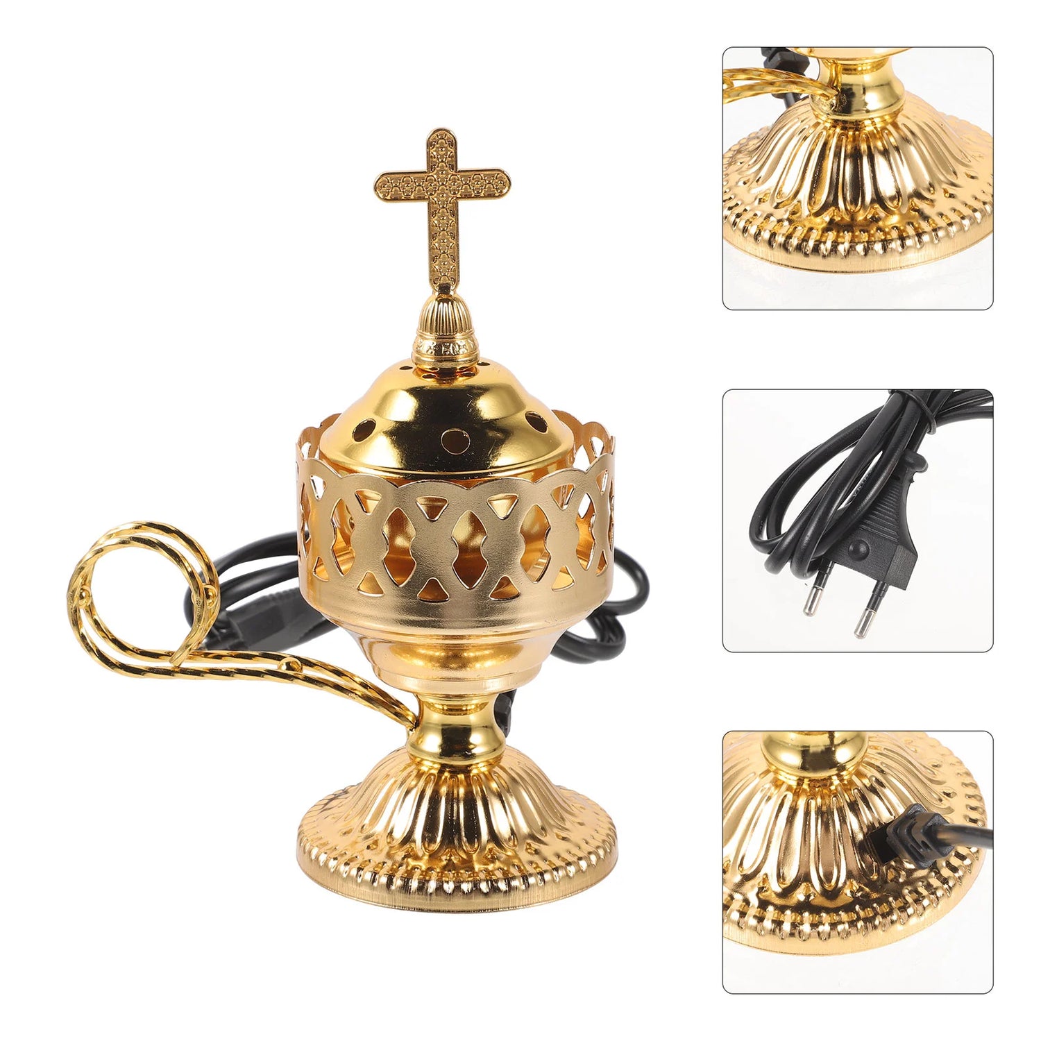 Gold electric incense burner with cross on top, showing different angles and plug details.