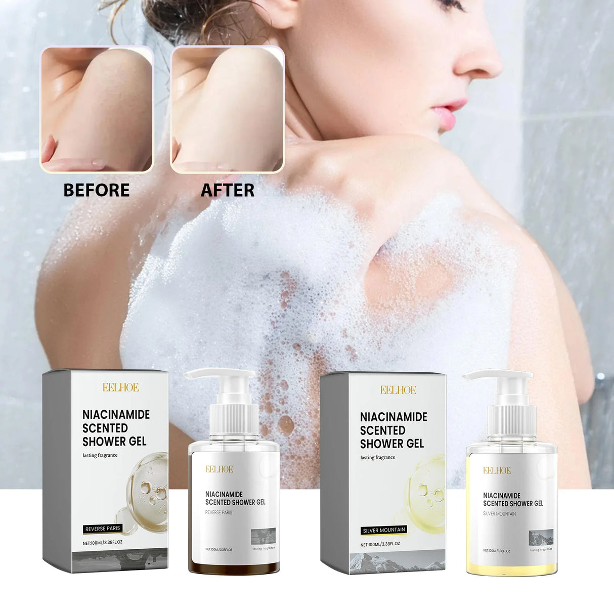 Niacinamide scented shower gel packaging with 'before' and 'after' skin comparison.