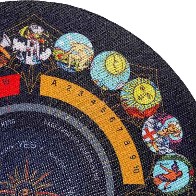 Close-up of a tarot card with colorful symbols and numbers on a black background