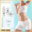 Eelhoe skincare products and body care set with a person wearing white underwear on a light blue background.