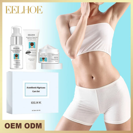 Eelhoe skincare products and body care set with a person wearing white underwear on a light blue background.