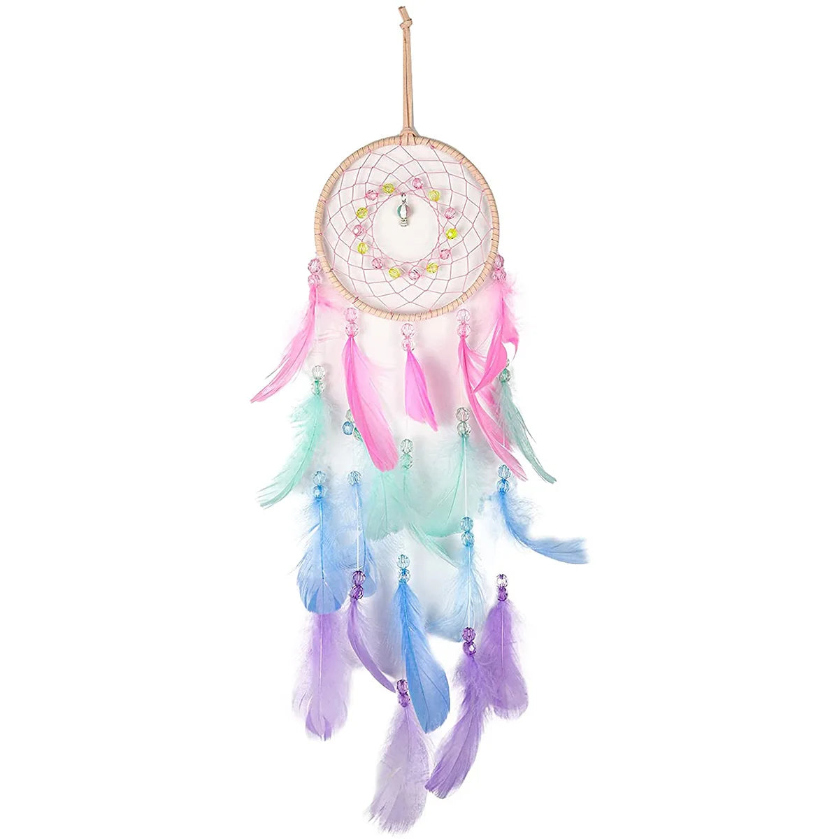 Colorful dreamcatcher with pastel feathers on a white background