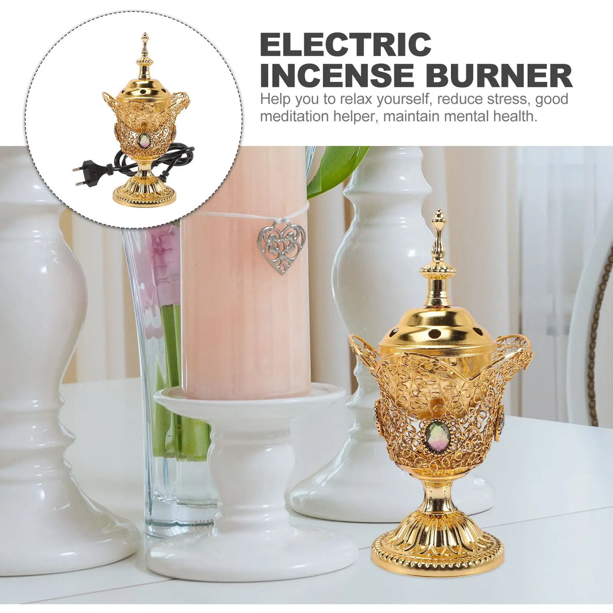 Gold electric incense burner on a white surface with decorative elements.