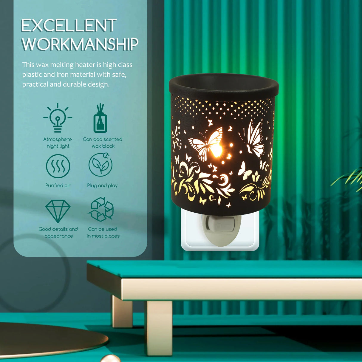Decorative wax melting heater with butterfly design on a green background