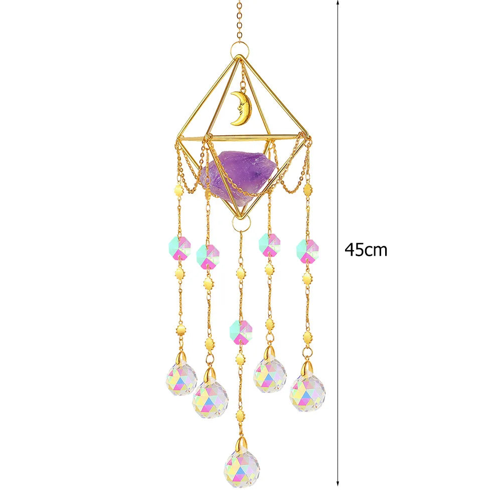 Decorative hanging crystal with geometric design and colorful beads on a white background