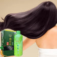 Green hair care product with packaging against a beige background