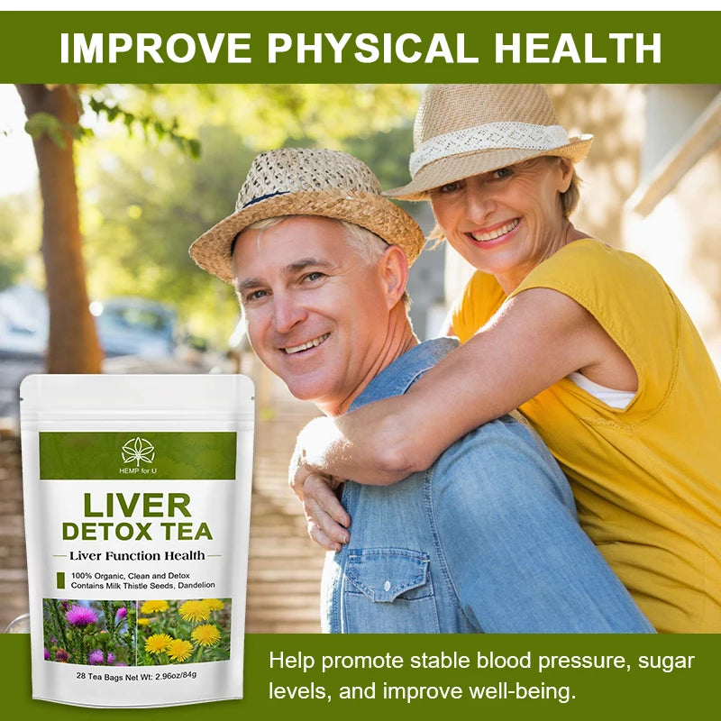 Man and woman sitting together with a package of Liver Detox Tea in front of them, set against a blurred outdoor background.
