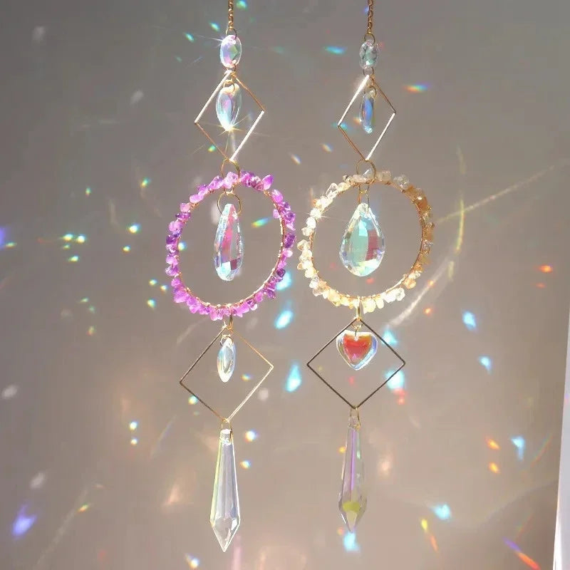 Decorative hanging crystal with colorful beads and gemstones on a blurred background