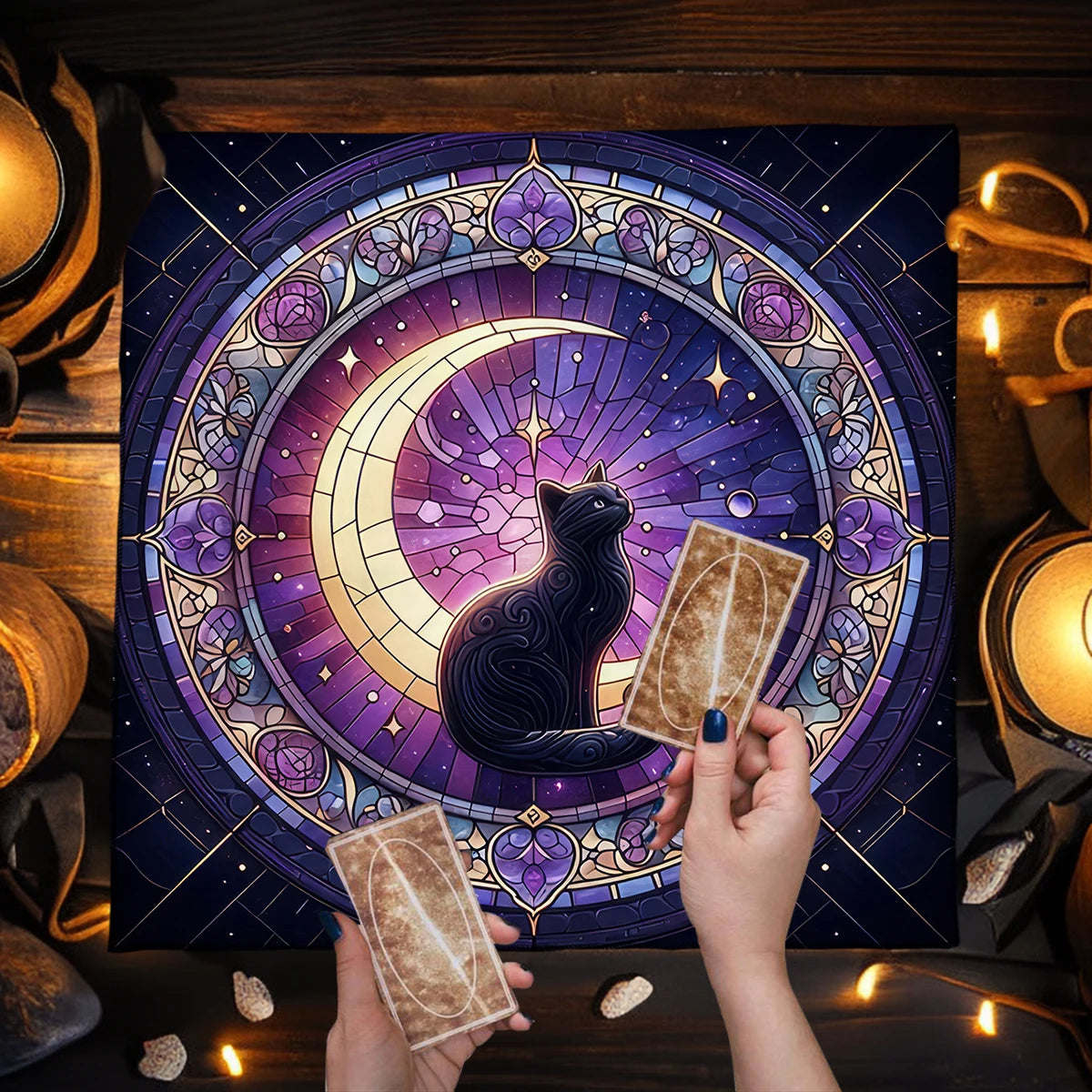 Stylized tarot card with a black cat and tarot cards held by a hand against a decorative background.