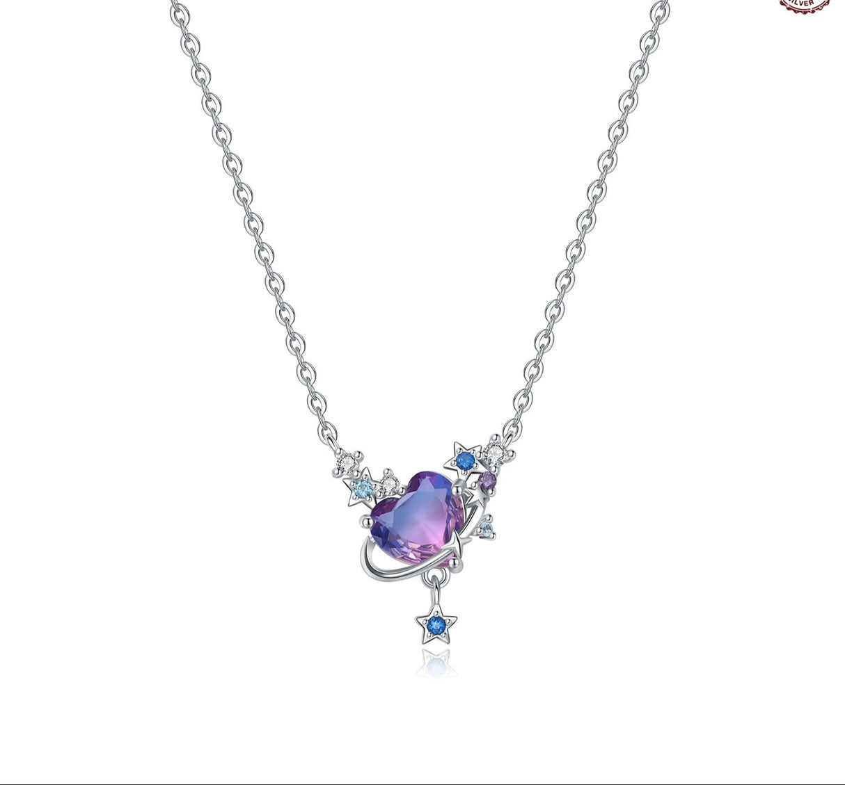 Necklace with a heart-shaped purple gem and star pendant on a white background, featuring the brand 'Orstarry'.