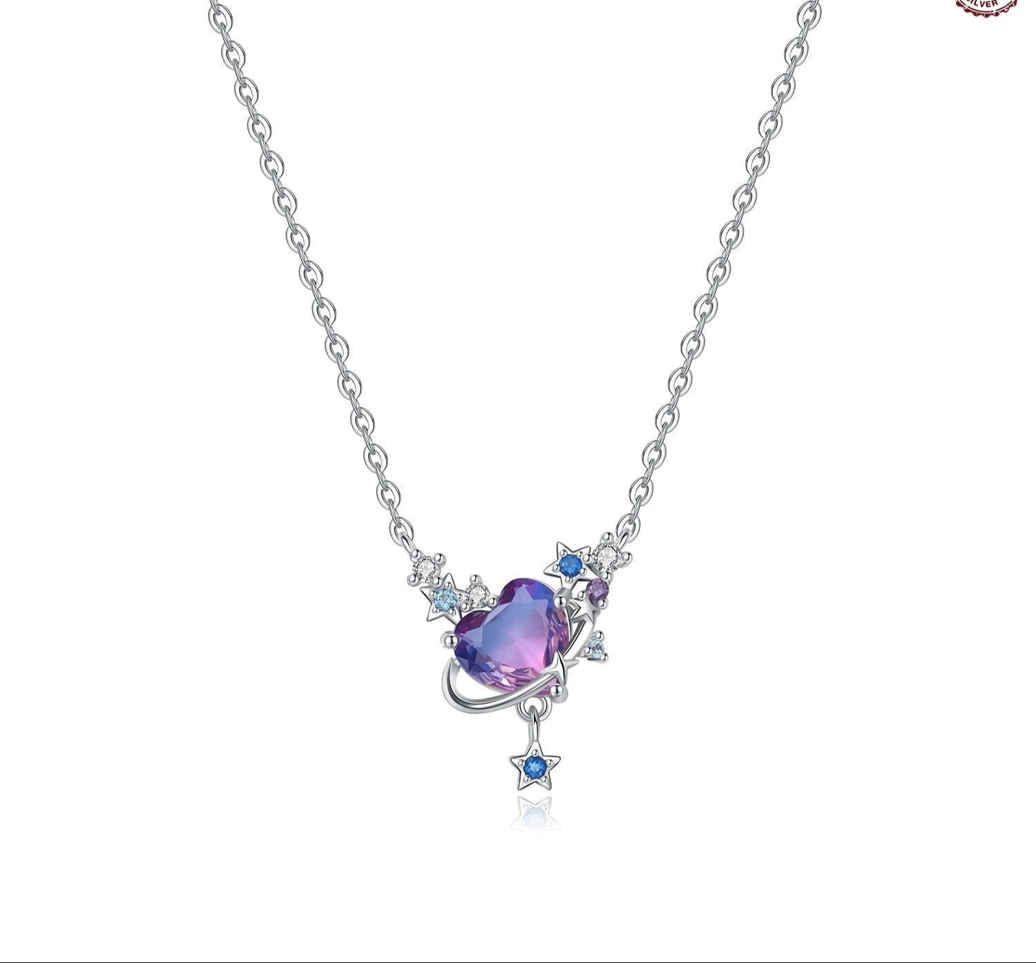 Necklace with a heart-shaped purple gem and star pendant on a white background, featuring the brand 'Orstarry'.