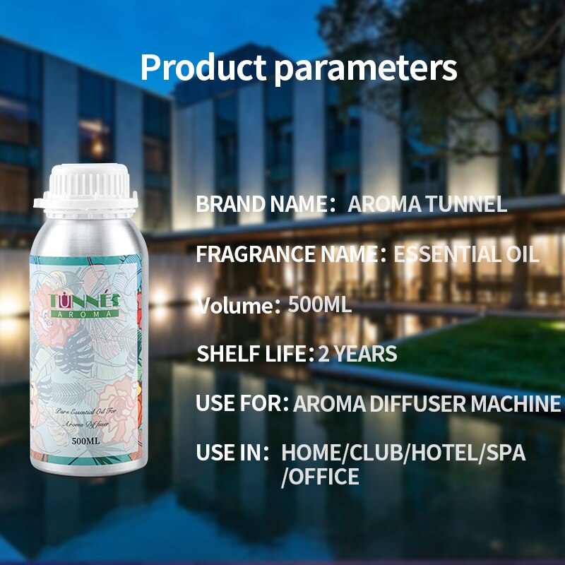 Aroma Tunnel essential oil bottle with product parameters text overlay