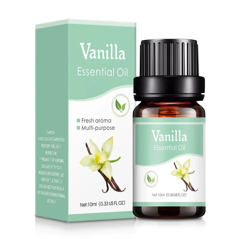Vanilla essential oil bottle and packaging on a white background