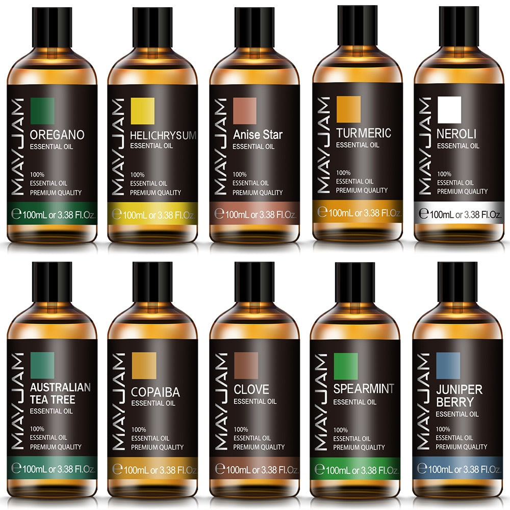 Collection of MayJam essential oil bottles on a white background